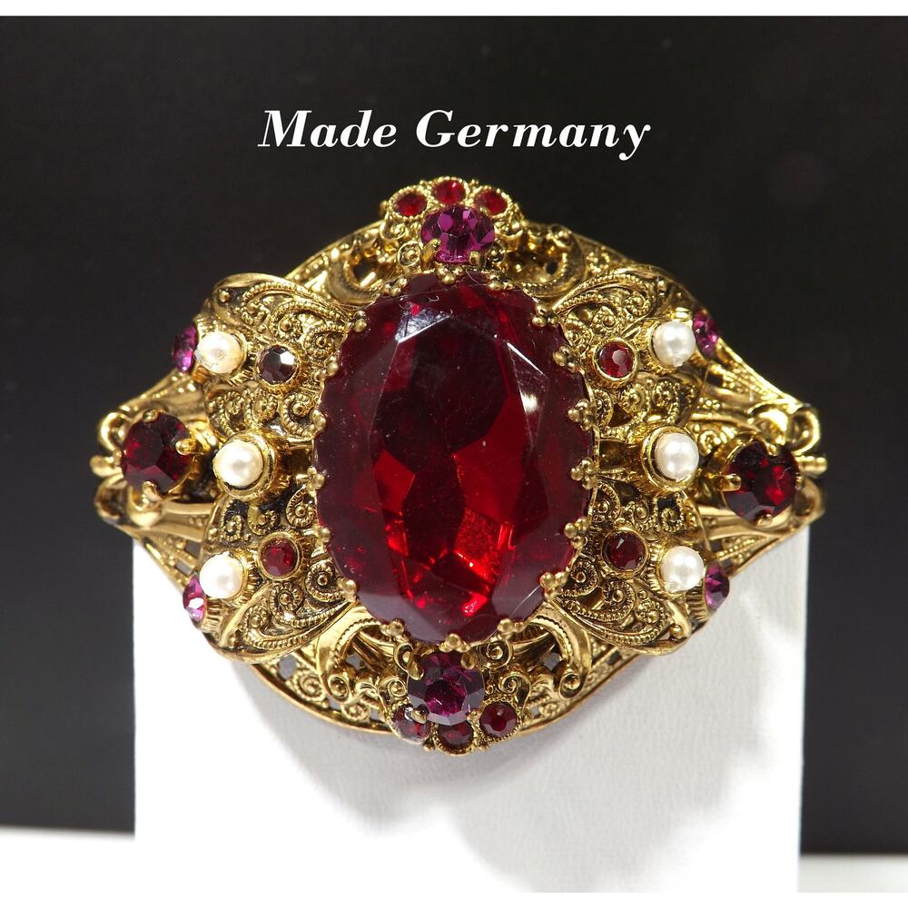 Vintage 1940s Germany Red Glass Filigree Brooch Gold Tone Faux Pearl Rhinestones